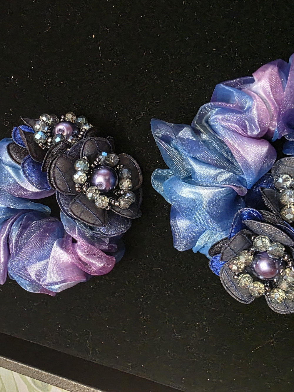 Iridescent Purple & Blue Floral Jeweled Scrunchie Set - Women's Hair Accessory
